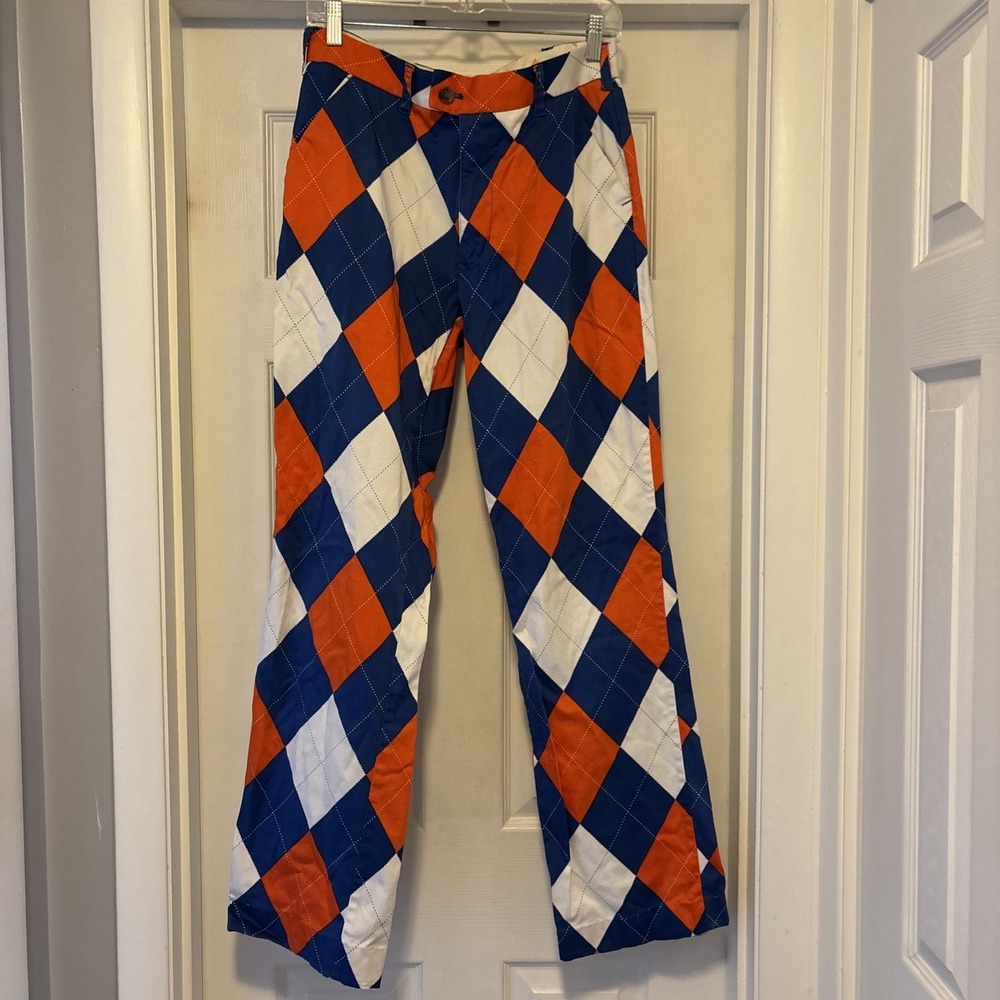 Loudmouth Pants Mens 32 UF Orange Blue White Argyle Diamond Golf Cotton Stretch